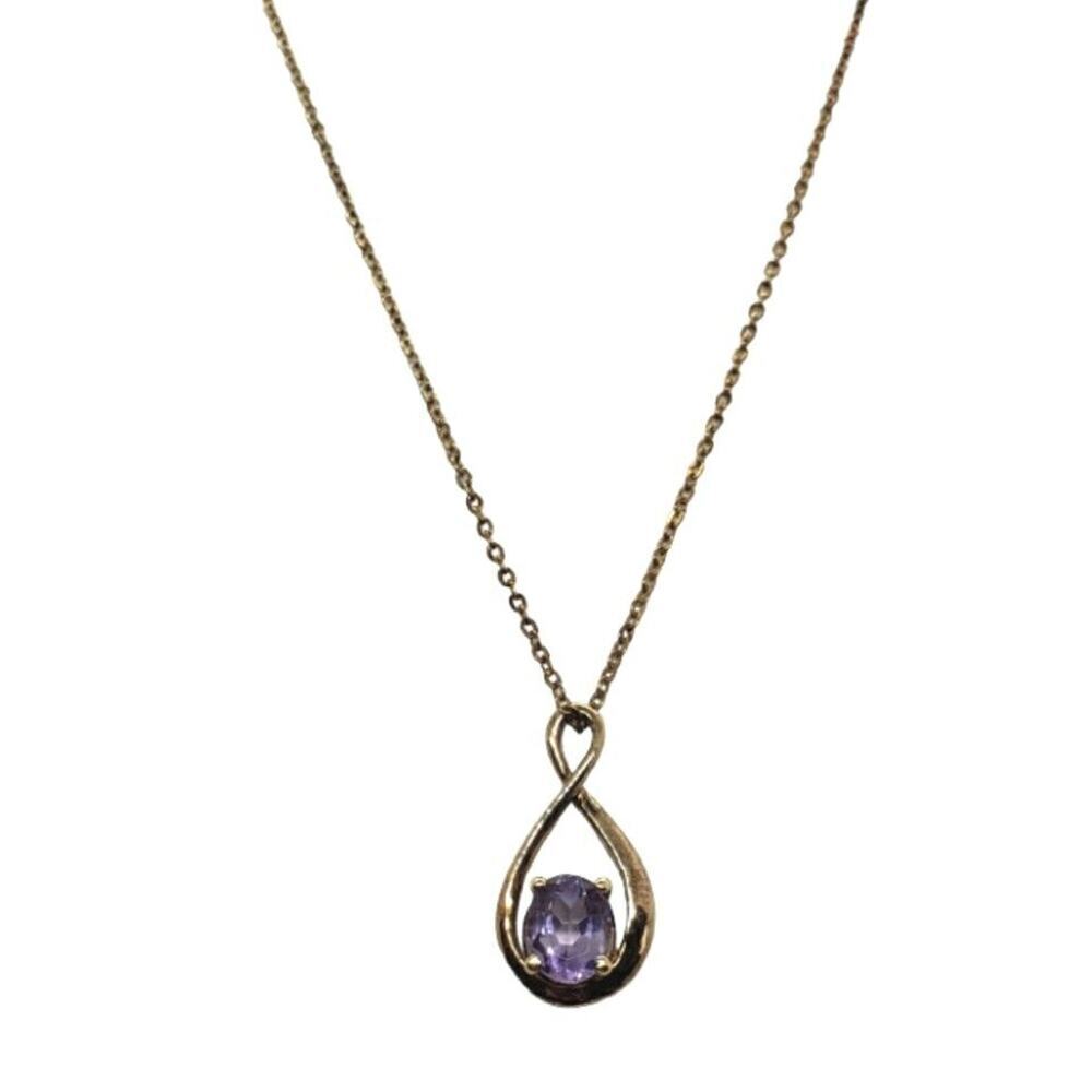 Vintage Amethyst Glass Pendant Necklace 14k Gold GE on Chain signed LIND